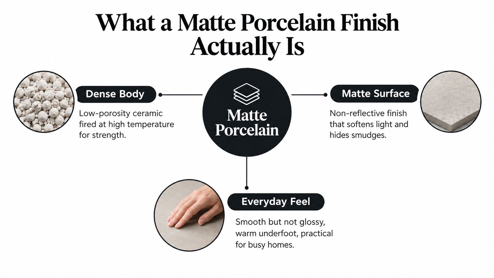 An infographic explaining the characteristics of matte porcelain including its dense body, matte surface, and everyday feel.
