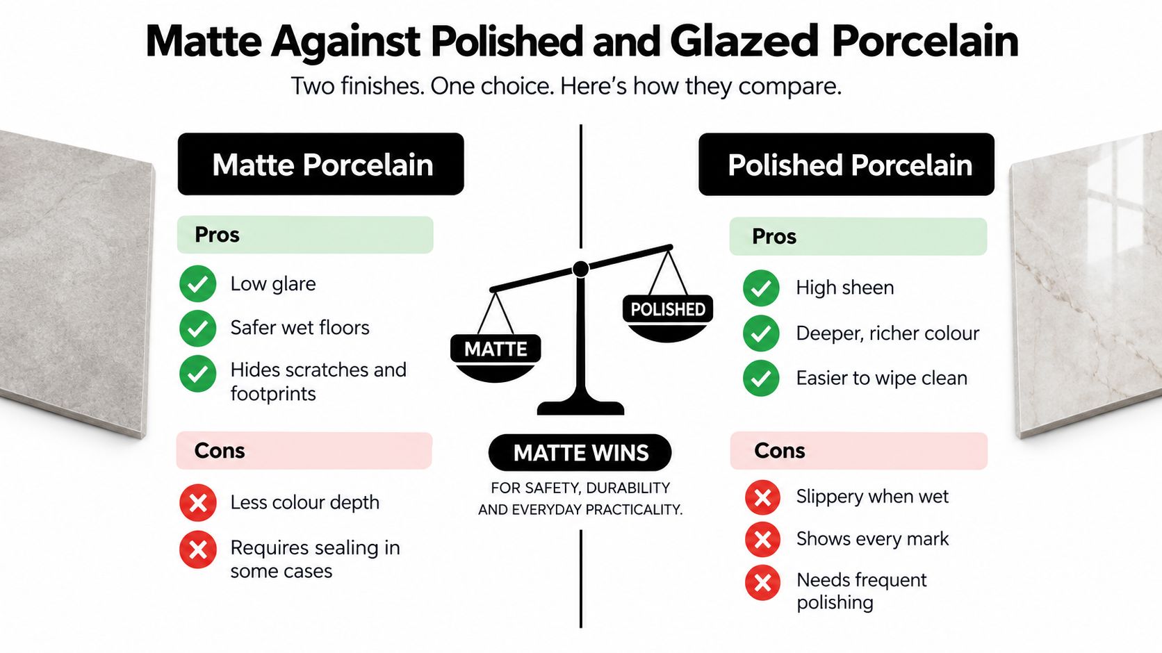 A comparison chart showing the pros and cons of matte versus polished porcelain floor tiles.