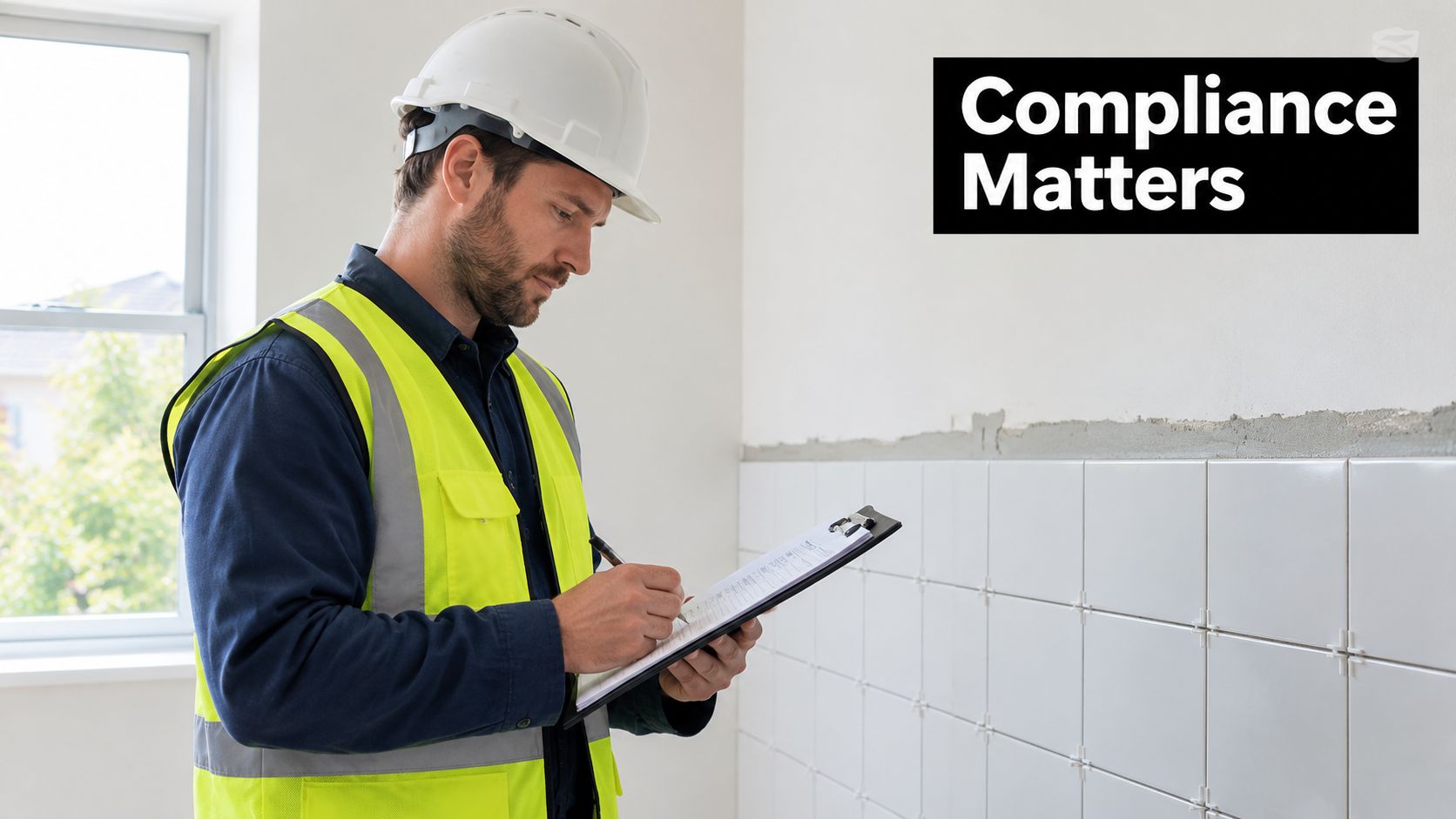 A professional construction inspector in a hard hat and safety vest checking porcelain tile installation progress.