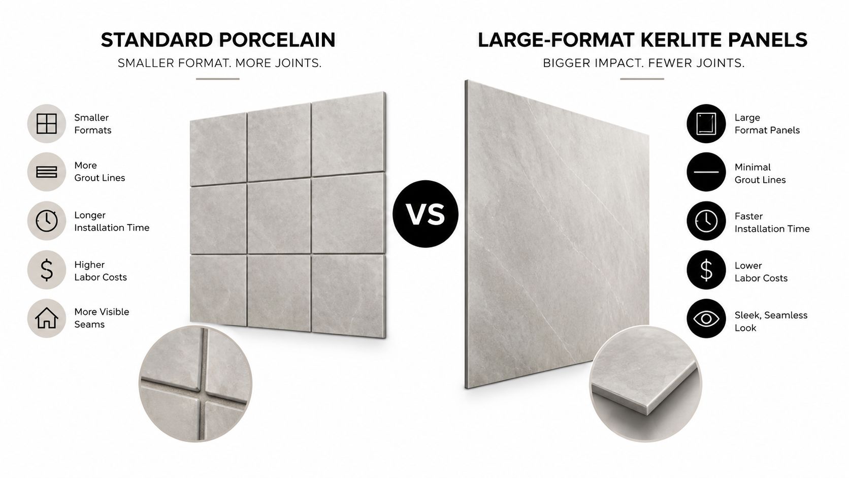 A comparison graphic showing standard porcelain tiles with many grout lines versus large-format Kerlite panels.