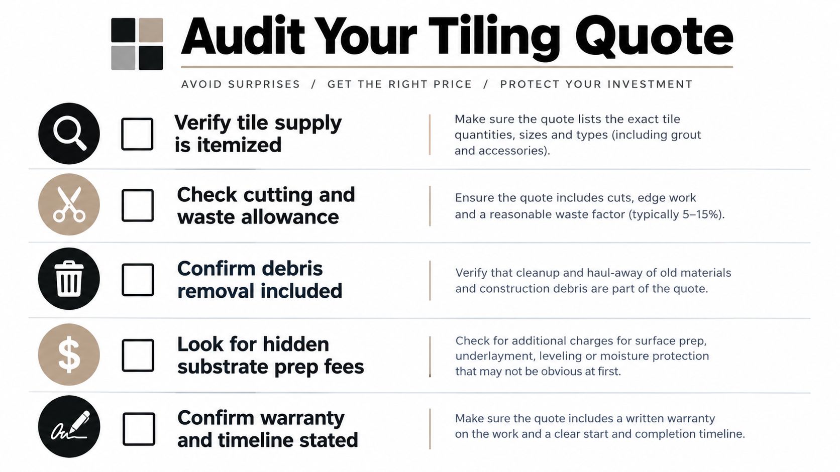 A checklist infographic titled Audit Your Tiling Quote designed to help homeowners evaluate professional tiling estimates.