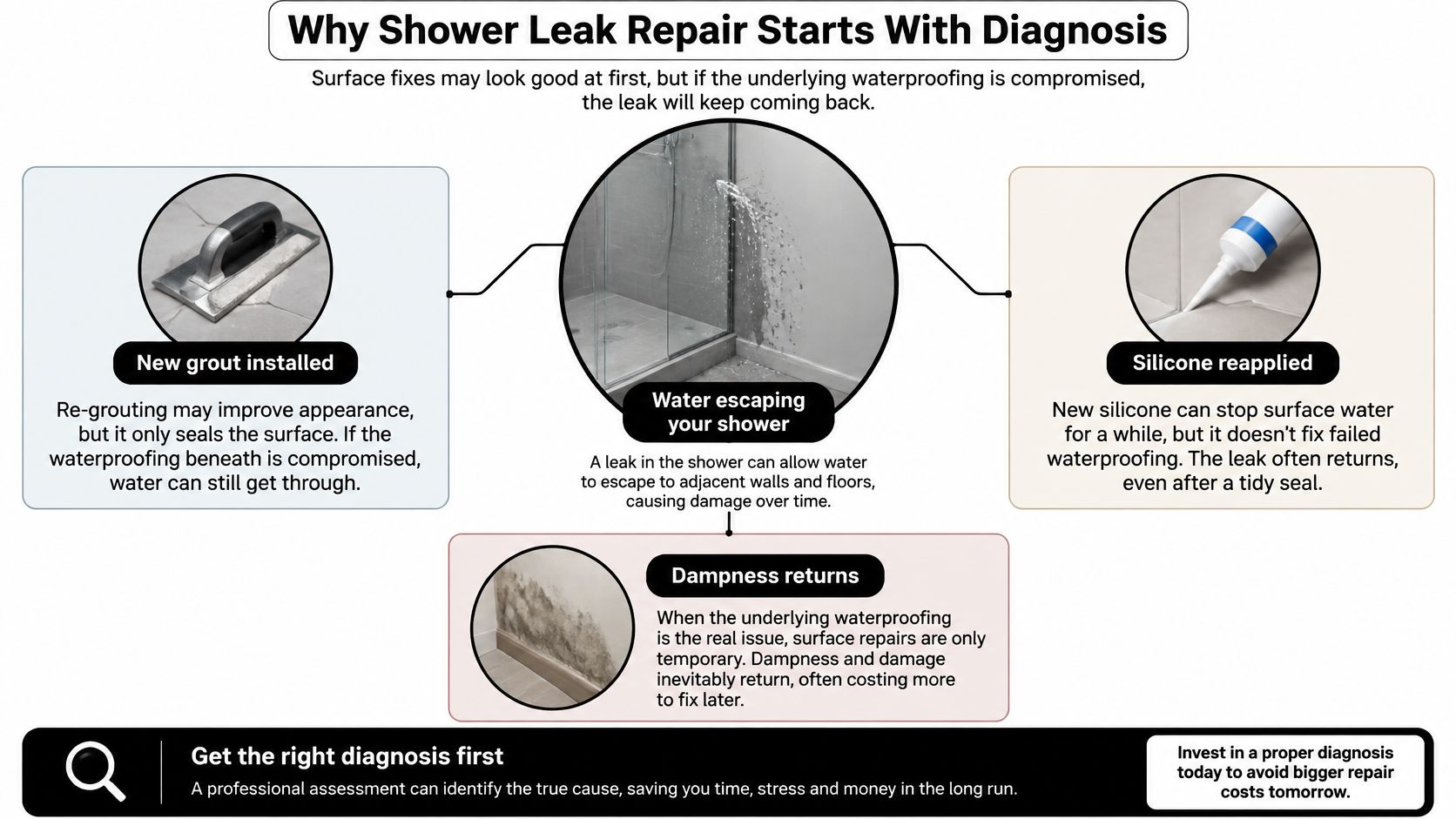 An infographic explaining why proper diagnosis is essential for effective and long-lasting shower leak repairs.