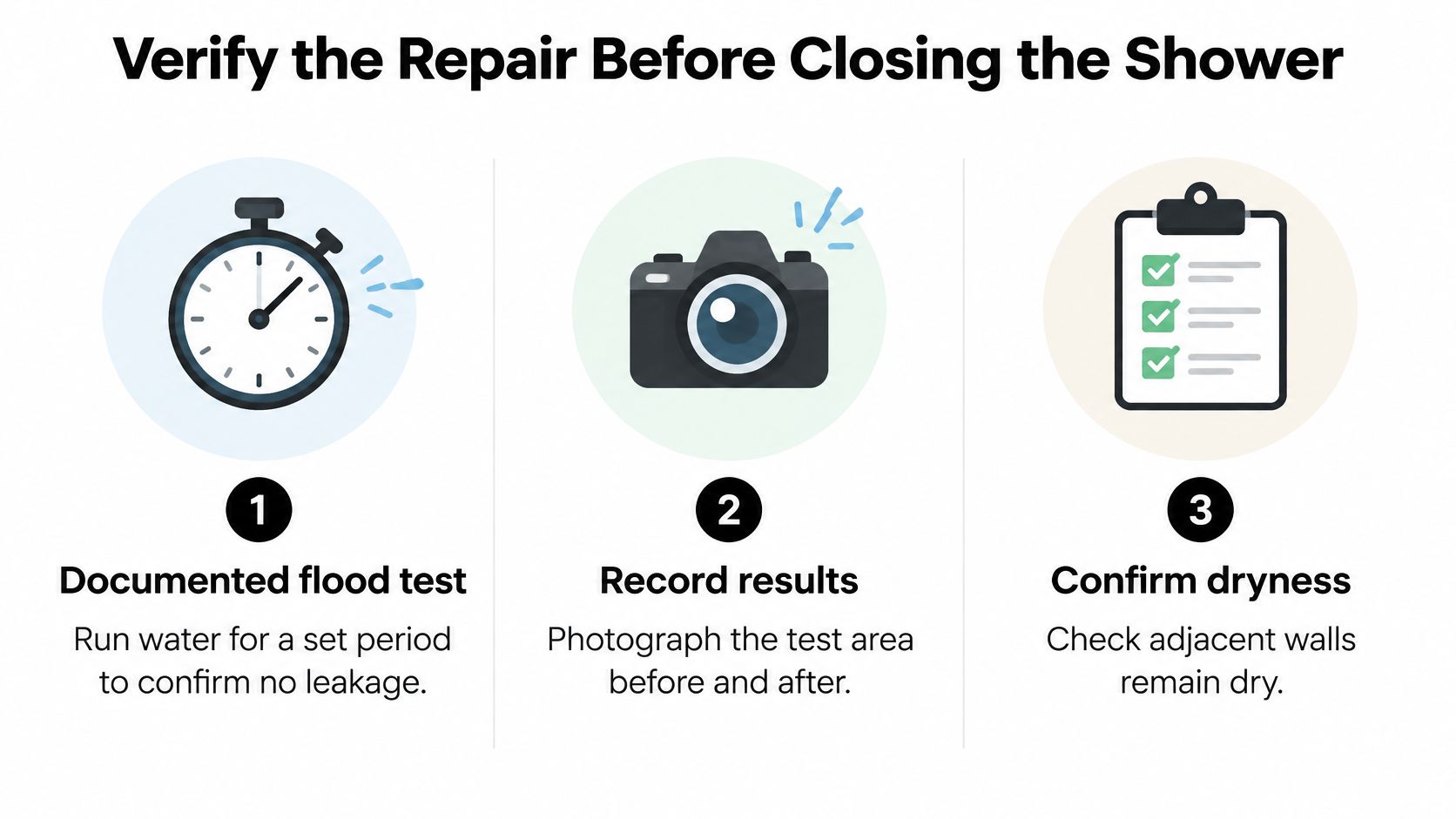 A three-step infographic titled Verify the Repair Before Closing the Shower, illustrating flood testing, documentation, and dryness verification.