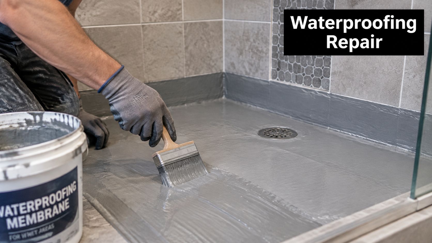 A professional tradesperson applying gray waterproof membrane to a shower floor using a large brush.
