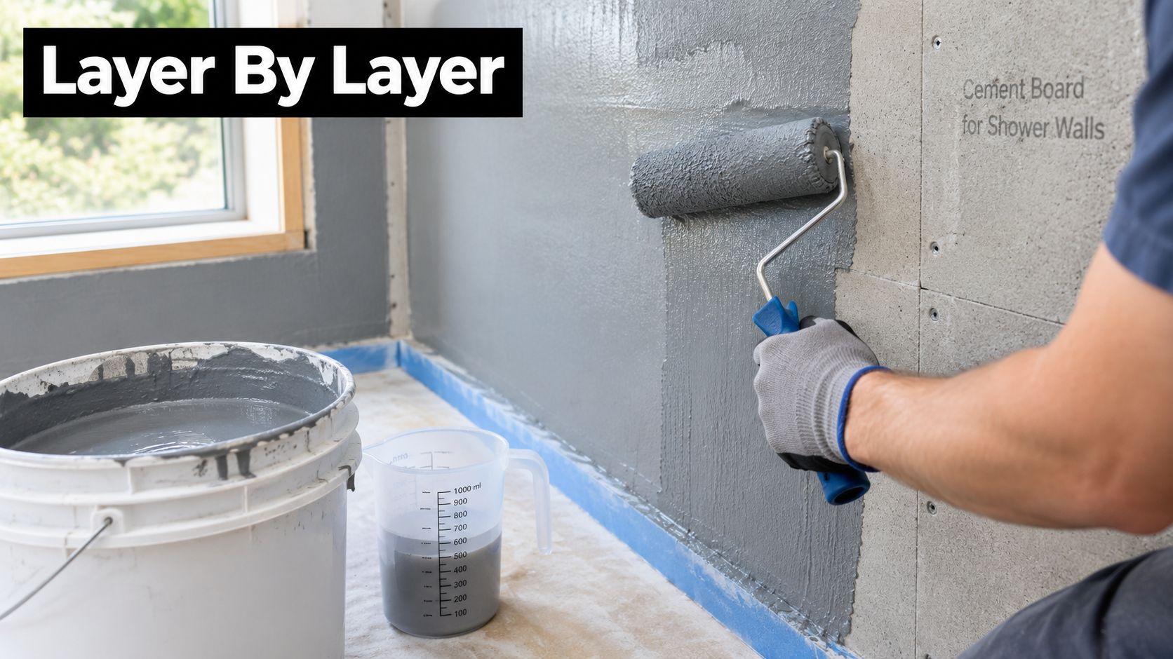 A construction worker applying gray waterproof membrane to cement shower wall boards using a paint roller.