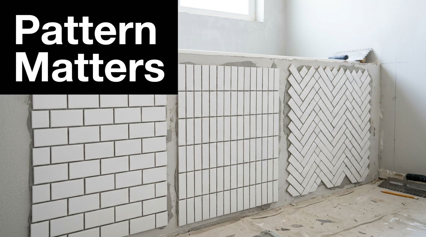 Three different tile installation patterns displayed on a bathroom wall for design comparison and home renovation.
