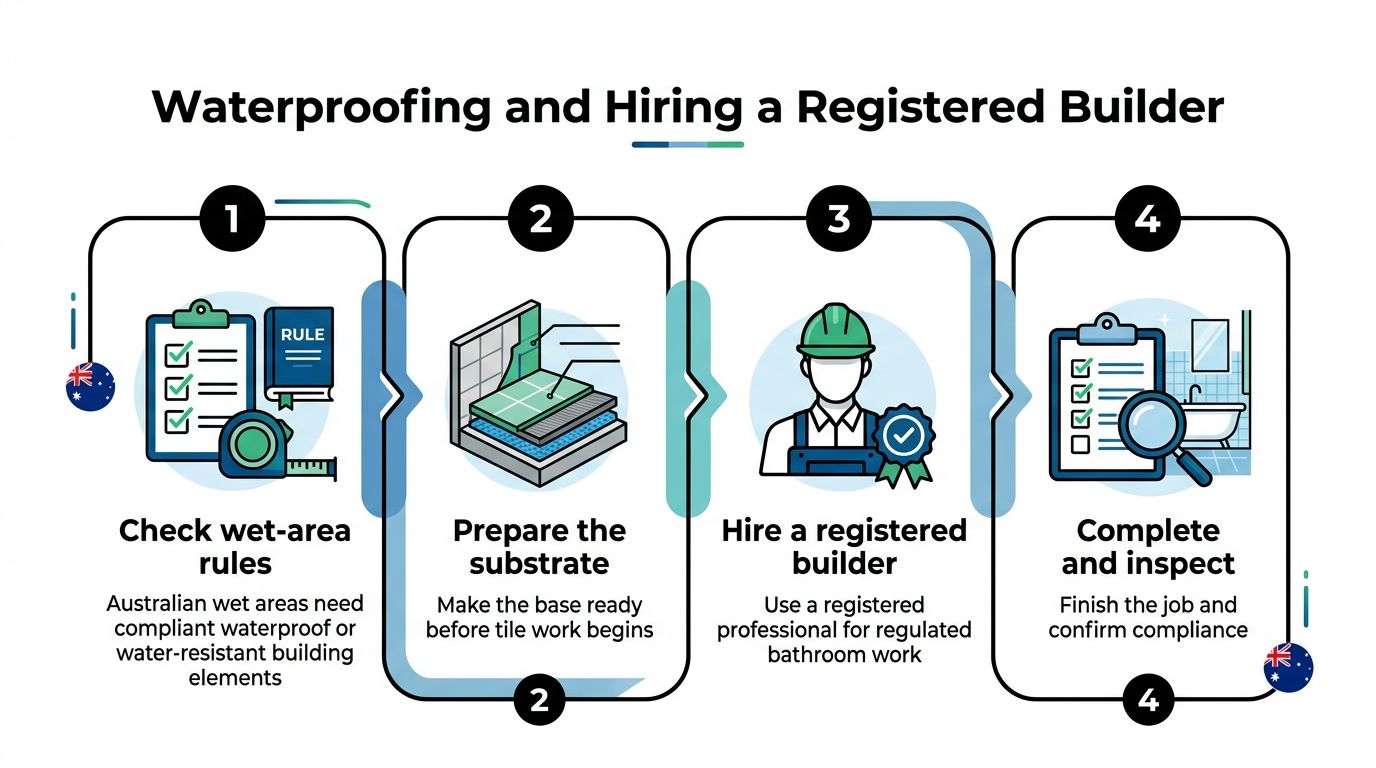 A four-step infographic illustrating the process of waterproofing a bathroom and hiring a registered Australian builder.