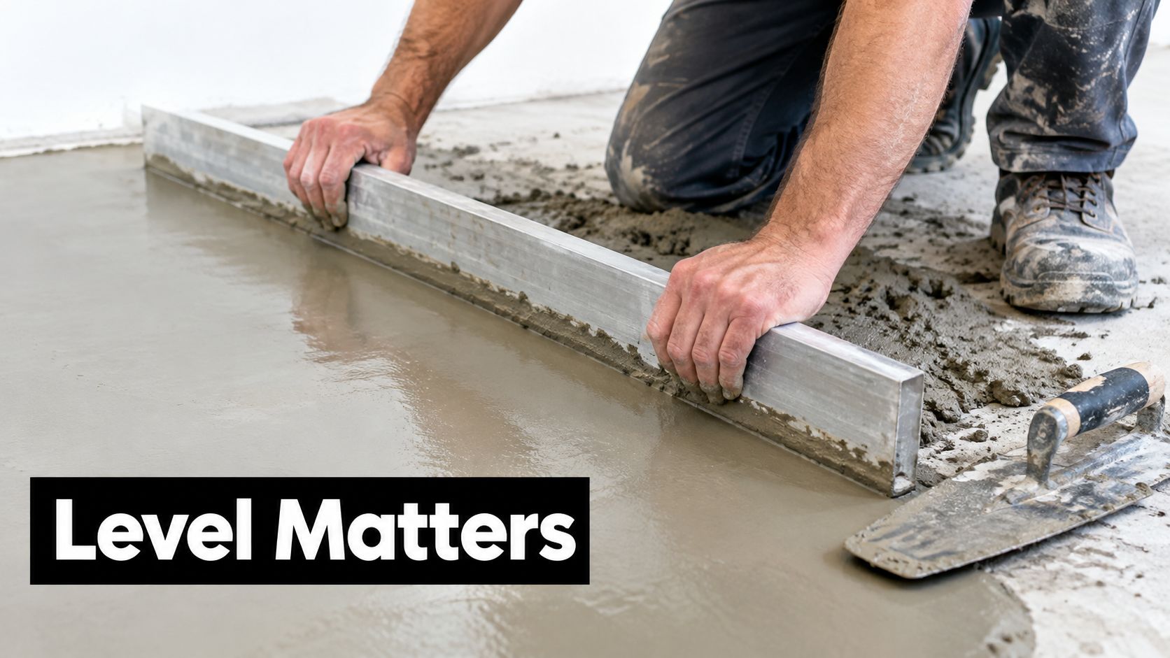 A professional construction worker uses a straight edge tool to level wet concrete on a floor surface.