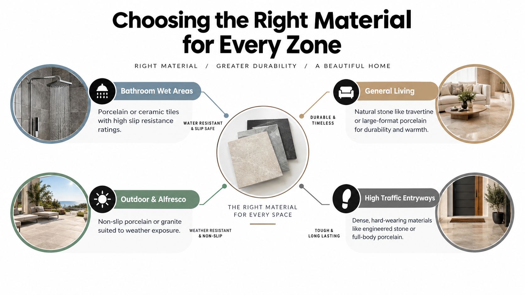 A diagram infographic explaining the best flooring material choices for different home areas such as bathrooms and living rooms.