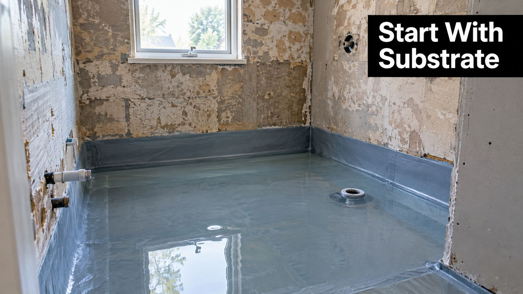 A bathroom renovation project featuring a newly applied waterproof membrane on the floor and lower walls.